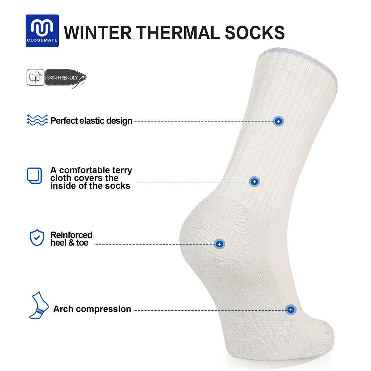 CLOSEMATE Mens Thermal Winter Crew Socks for Boots Thick and Warm for Cold Weather Work Hiking 5 Pairs(5 Beige White, Size L)
