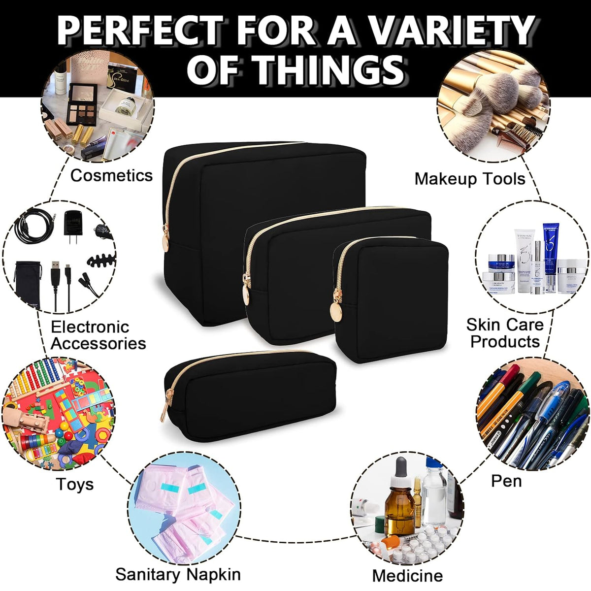 Waterproof Mini Makeup Bag for Purse,Small Cosmetic Pouch Nylon Travel Toiletry Organizers Bag for Women Girls,Cute Zipper Preppy Coin Purse for Work(Mini-Black)