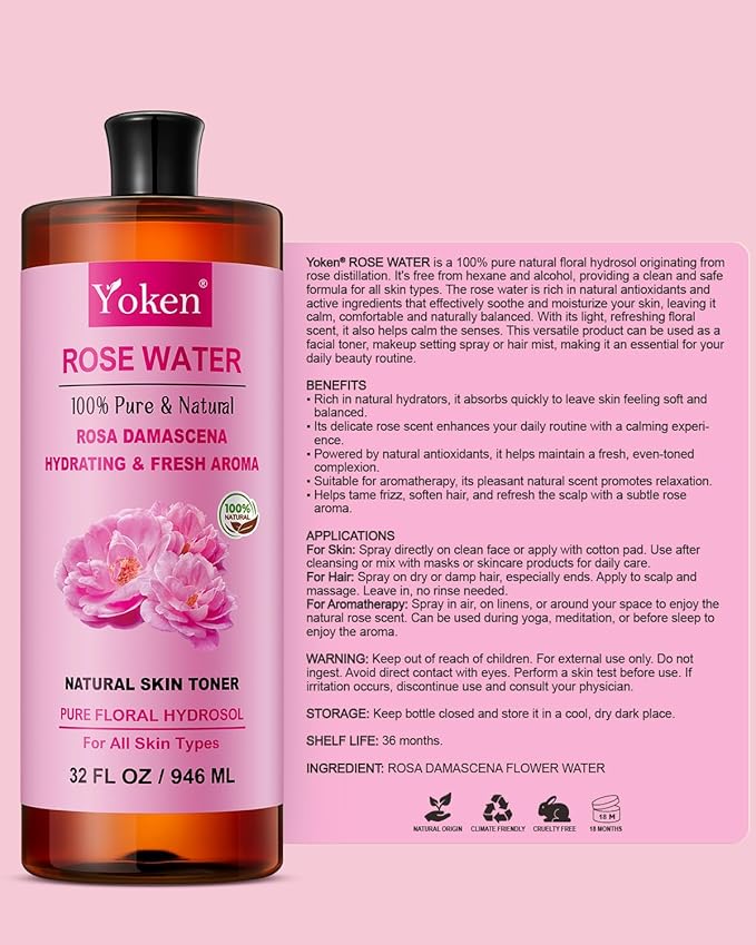 Pure Rose Water Toner for Face, 32 Fl Oz Bulk, 100% Natural Rosa Damascena Rose Hydrosol, Refreshing Rosewater for Hair, Skin, Aromatherapy, Hydrates & Soothes, Alcohol Free, Chemical Free