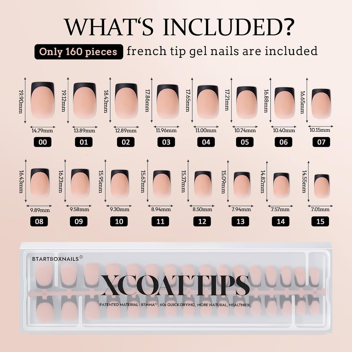 BTArtboxnails Black Press on Nails - French Tip Press on Nails Short, Square Gel Nail Tips, Supremely Fit Natural Fake Nails in 16 Sizes - 160 Pcs False Nails, Black French