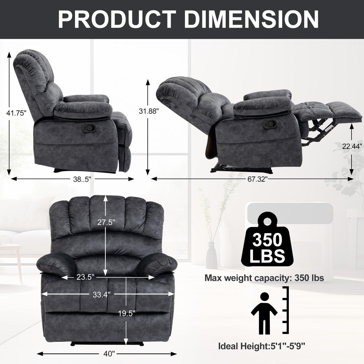 ZJTFNOU Oversized Recliner Chairs for Adults,Manual Adjustable Recliner Chair with Overstuffed Backrest with Lumbar Support, Reclining Chair Single Seat Sofa for Living Room, Bedroom