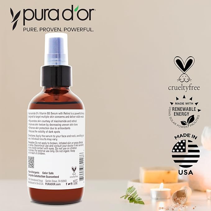 PURA D'OR B3 Niacinamide Advanced Facial Serum (3.3oz x2 = 6.6oz) Skin Care Formula with Retinol For Wrinkles, Hydration & Complexion - All Skin Types, Hypoallergenic - Women & Men