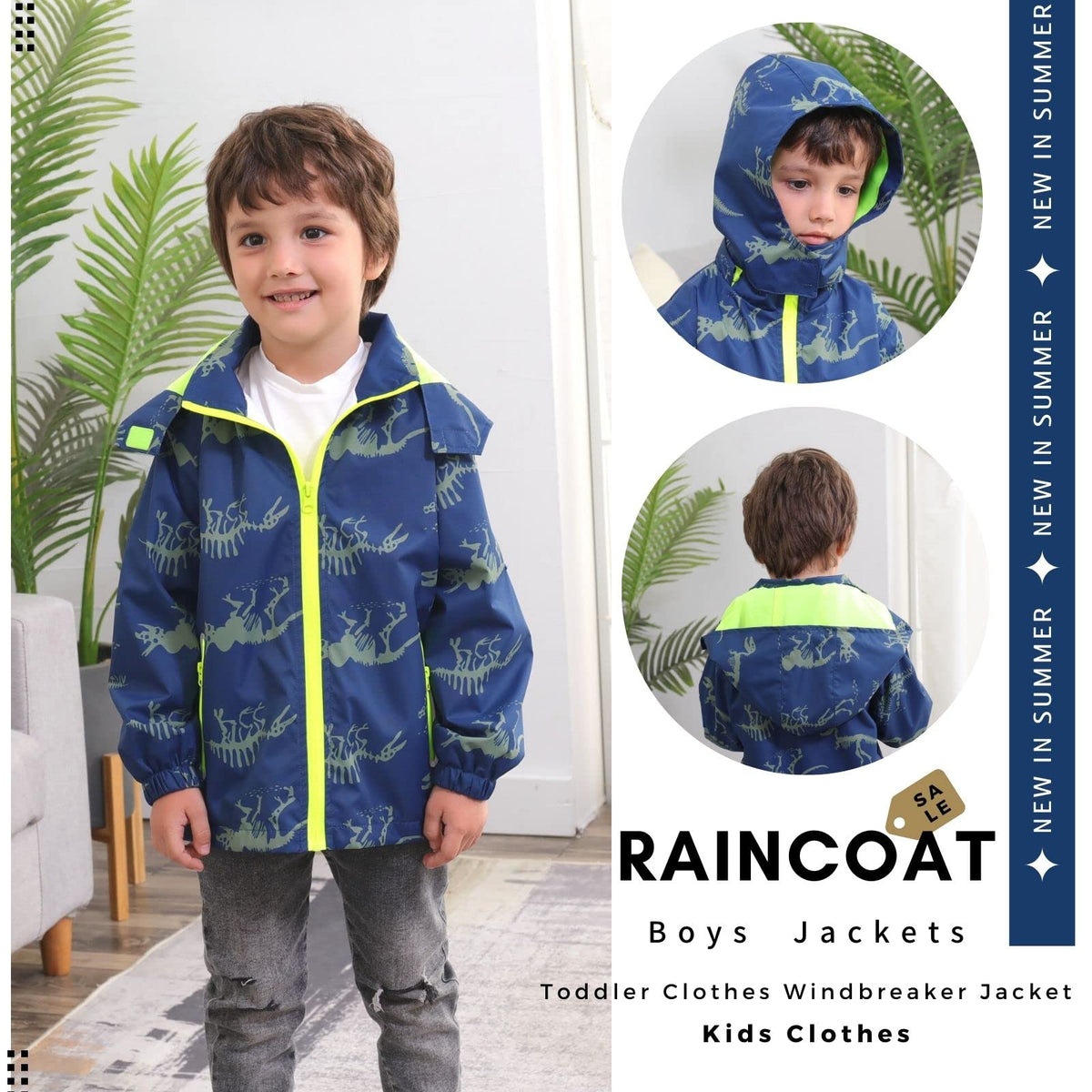 IjnUhb Boys Rain Jacket with Detachable Hood Lightweight Raincoats for Kids Windbreaker