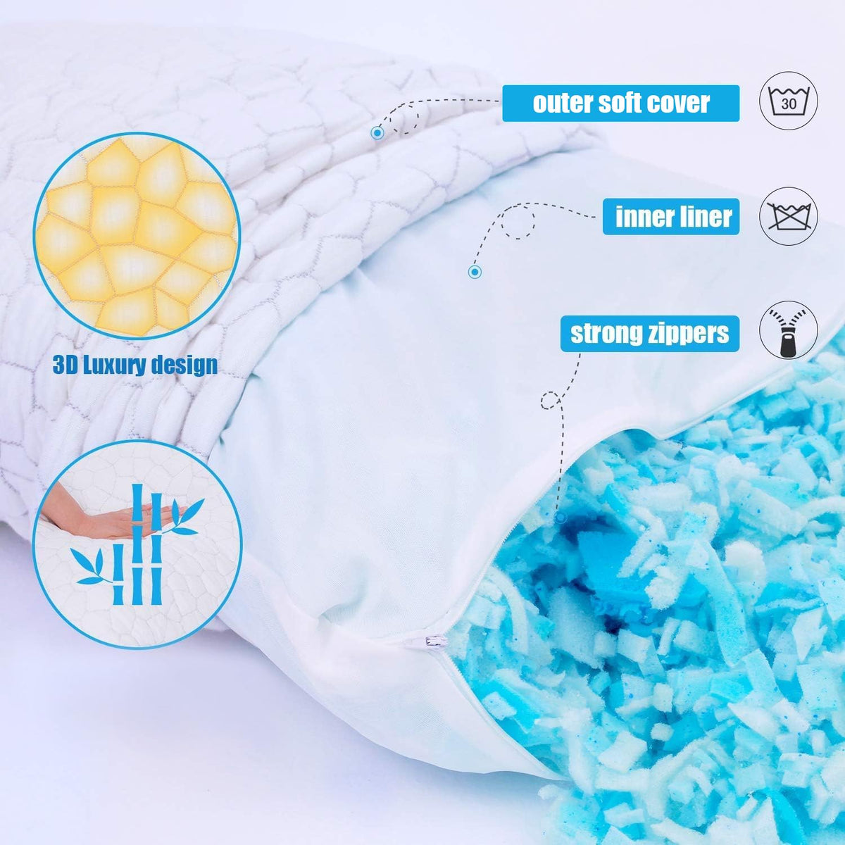 SUPA MODERN Cooling Bed Pillows for Sleeping 2 Pack Shredded Memory Foam Pillows Queen Size Set of 2, Adjustable Cool Pillow for Side Back Stomach Sleepers Luxury firm Gel Pillows for Neck Pain Relief
