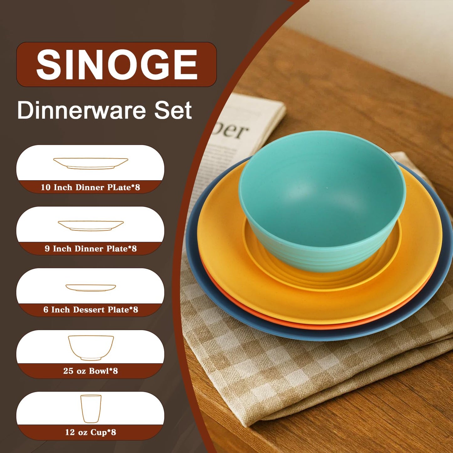 SINOGE Wheat Straw Dinnerware Sets, 40PCS Kids Dinner Plates and Cereal Bowls Set, Microwave and Dishwasher Safe Cups Set for 8, Lightweight Unbreakable Kitchen Dishes Dinnerware Sets- Multi