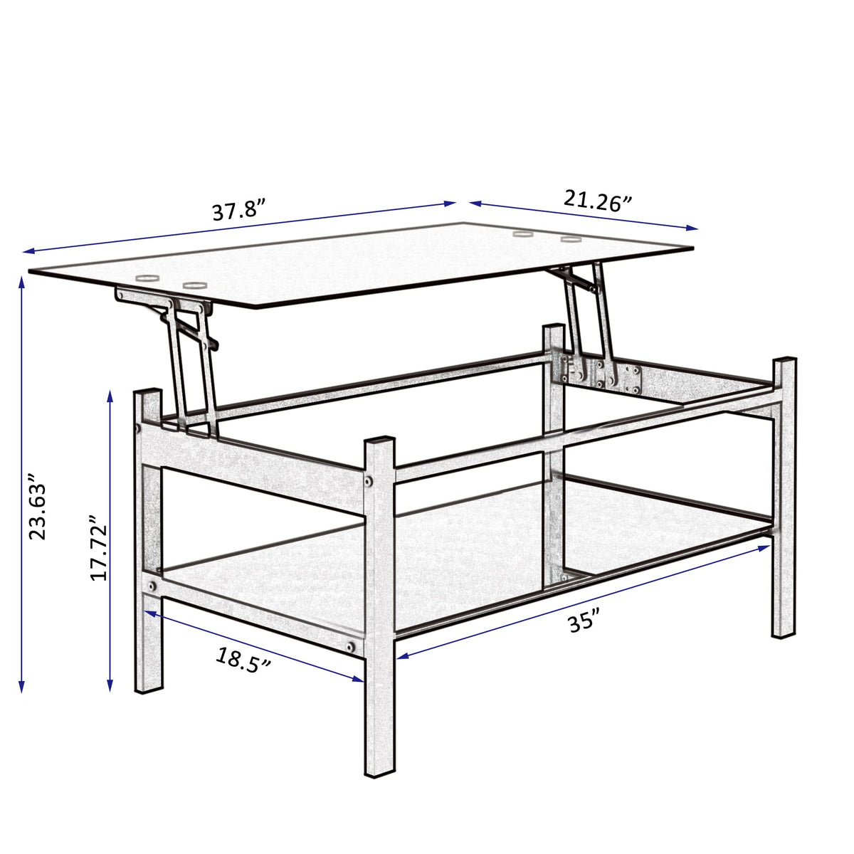 Meihua Lift Top Glass Coffee Table with Storage Compartment and Separated Open Shelves, Lift Tabletop for Living Room Home, Office, Black