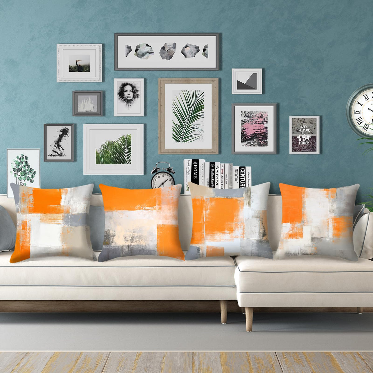 HOSTECCO Orange and Grey Throw Pillow Covers 18x18 inch Set of 4 Orange Abstract Art Pillow Cases Contemporary Square Decorative Cushion Covers for Sofa Couch Bed