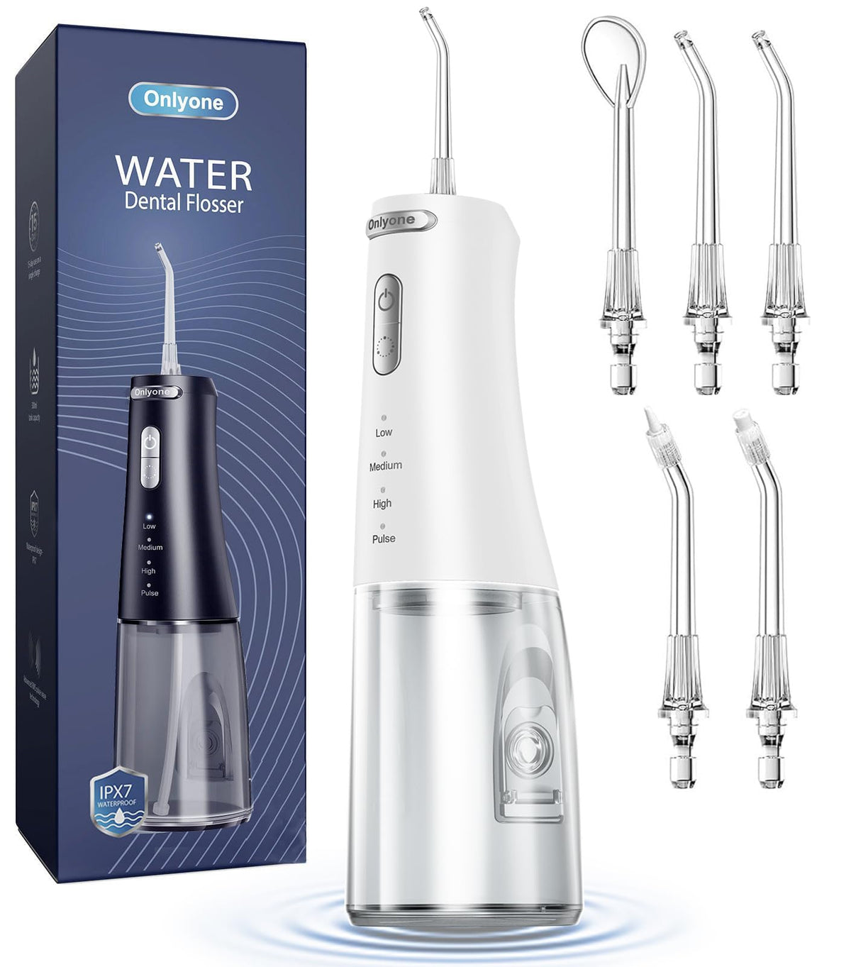Onlyone Water Dental Flosser, 300ML Portable Oral Irrigator for Teeth, 4 Modes and 5 Jet Tips,Rechargeable Irrigation Cleaner,Electric Flossing Machine Power Flossers & Irrigator Accessories White