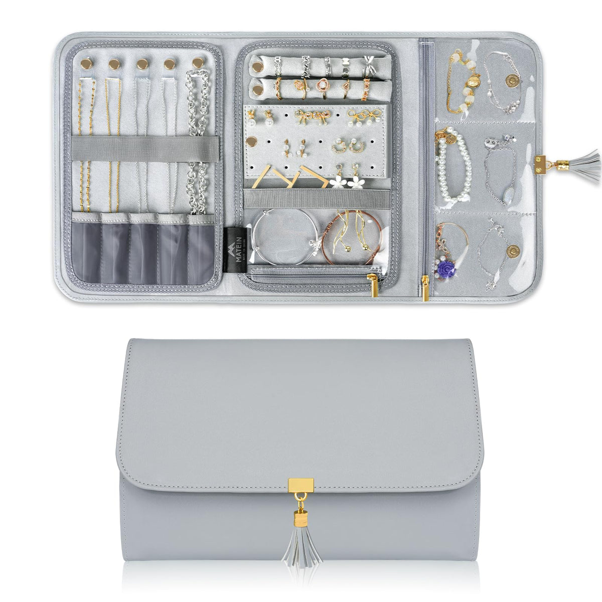MATEIN Jewelry Travel Organizer for Women, Tangle Free Portable Leather Jewelry Storage Roll Bag Envelope Clutch, Waterproof Lightweight Jewelry Case Holder for Necklaces, Rings, Earrings, Bracelets