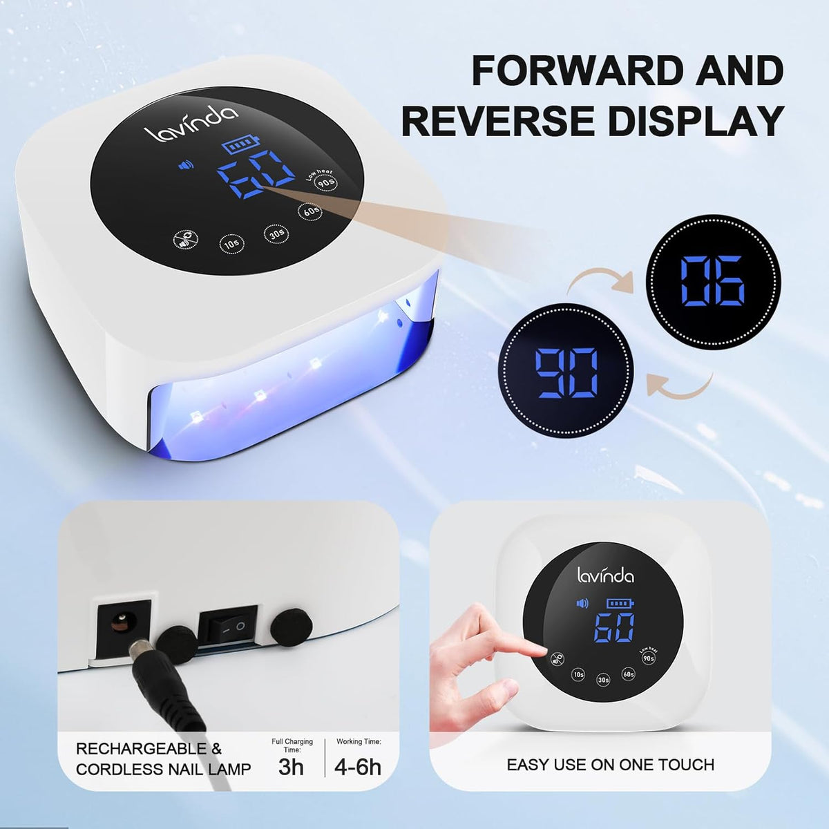 Lavinda UV LED Nail Lamp, Cordless Nail Lamp 54W Rechargeable Nail Dryer Gel Polish Light with Large LCD Display, Professional Gel Curing Lamp with 4 Timer Setting Auto Sensor for Salon and Home