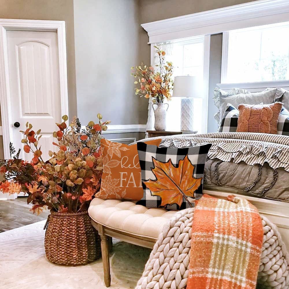 GEEORY Fall Pillow Covers 18x18 Set of 4, Buffalo Plaid Pumpkin and Maple Leaves Autumn Decorative Throw Pillows Farmhouse Decor Thanksgiving Decorations Cushion Case for Sofa