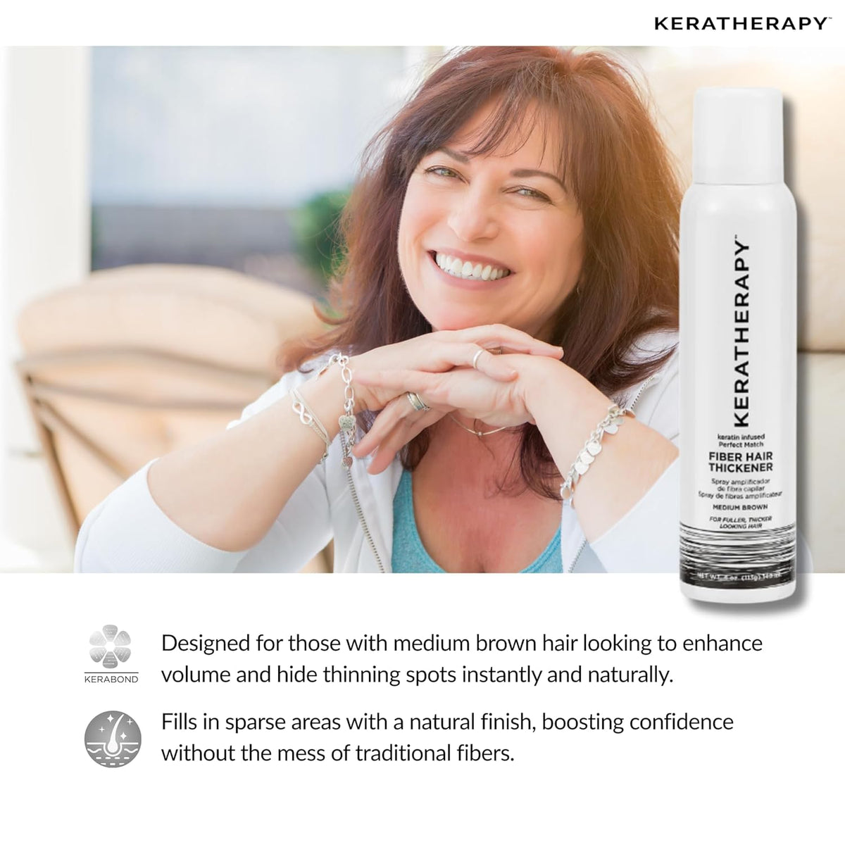 Keratherapy Keratin Infused Perfect Match Fiber Hair Thickener Spray, Medium Brown, 4 fl. oz., 140 ml - Volumizing, Thickening, & Concealing Hairspray for Scalp Coverage, Roots & Thinning Areas