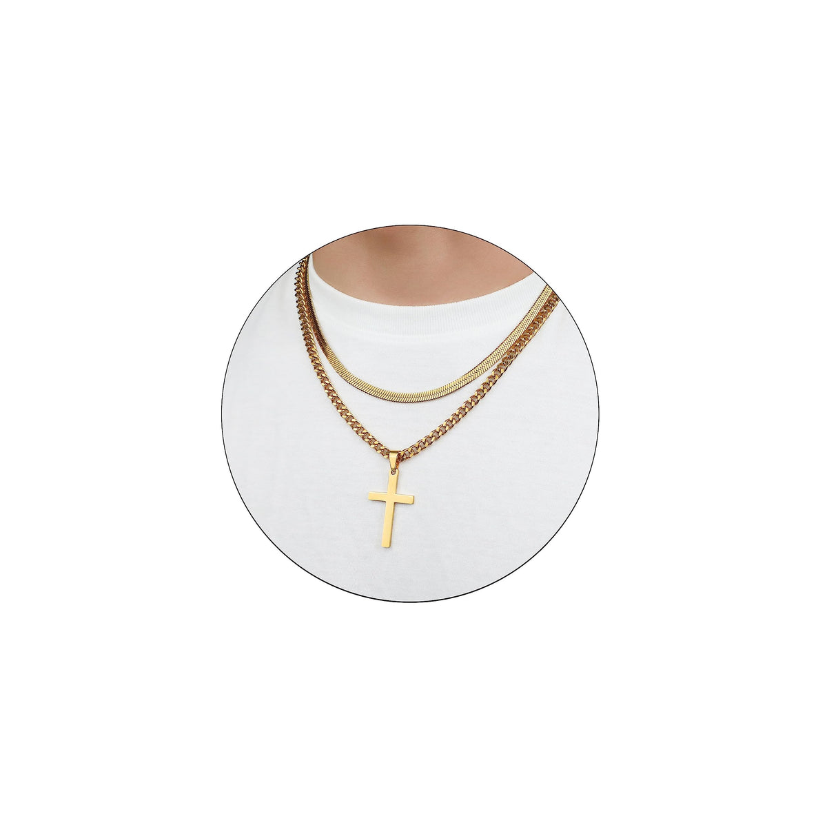 RUOOUY Layered Cross Necklace for Men Stainless Steel Layered Snake Chain Cuban Link Chain 16-24 inch Christian Cross Pendant Religious Jewelry Gifts(Gold22-24) Over 18 years old