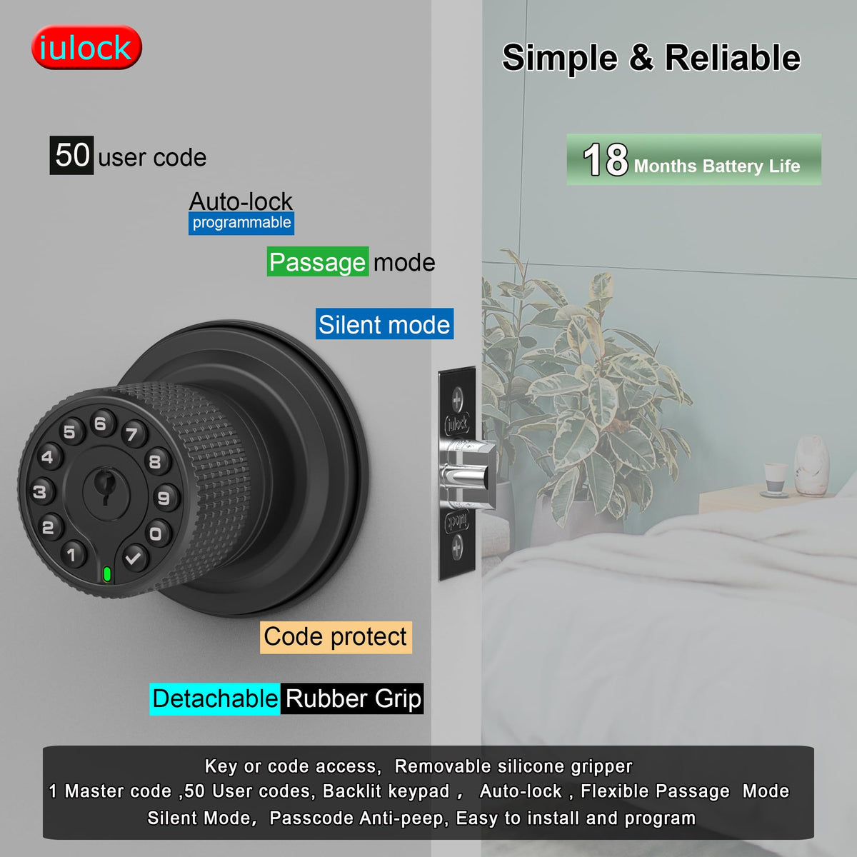 iulock Keypad & Key Smart Door Lock, 50 User Codes, Waterproof, Auto Lock - Matte Black