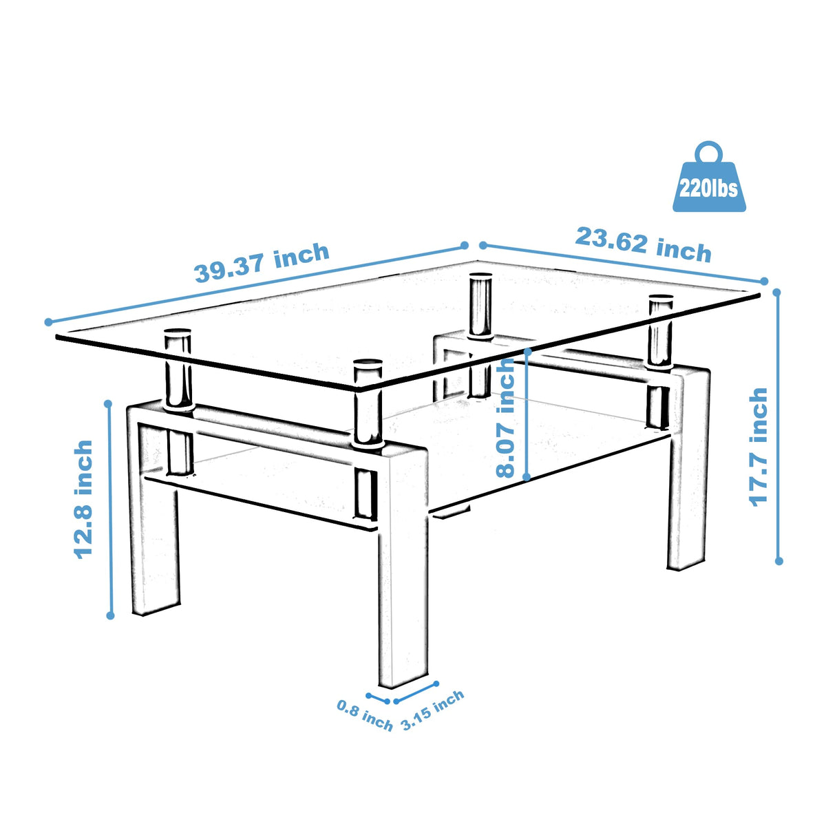 PIUS Rectangle Glass Coffee Table, Clear Coffee Table Modern Side Center Tables Furniture for Living Room,Black