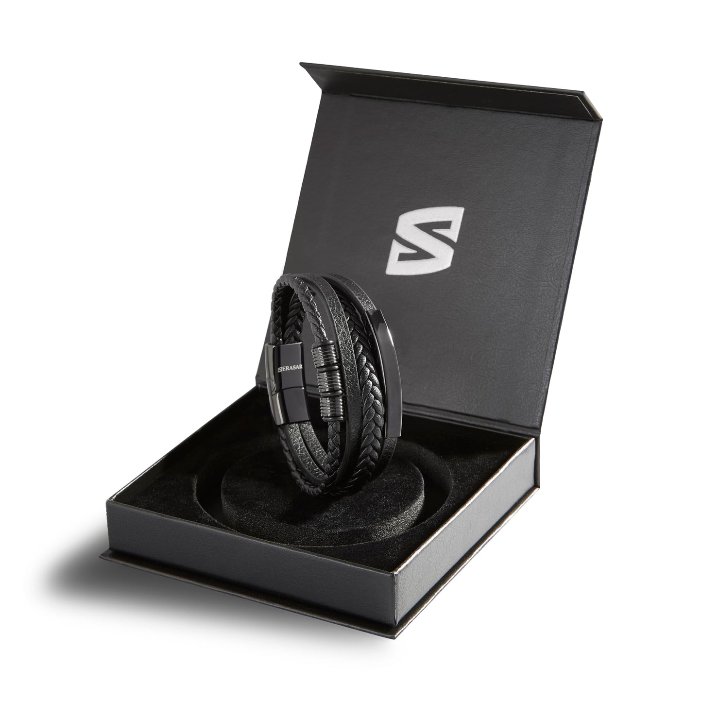 SERASAR Men's Leather Bracelet Magnetic Clasp Stainless Steel | Shining Genuine Cowhide Leather | Braided Style Bracelets | Jewellery Gift Box Included | Fashion Accessories For Men, 17cm, Stainless