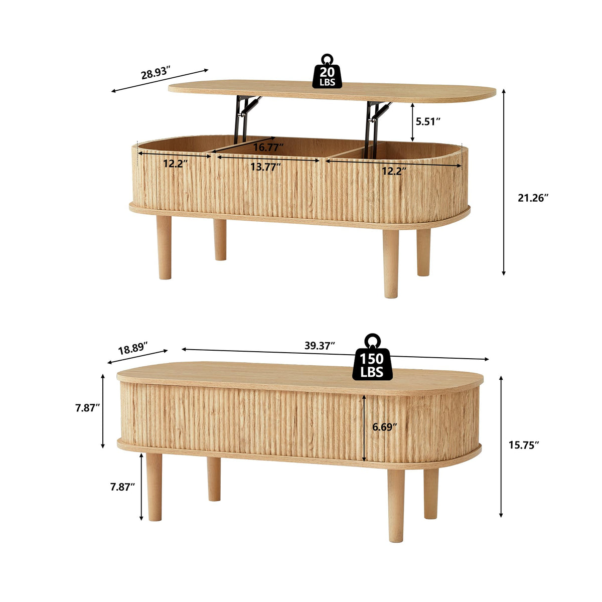 Fluted Lift Top Coffee Table with Hidden Compartment, Fully Assembled Wooden Center Table, Modern Oval Lift Tabletop for Home Living Room Office, Natural