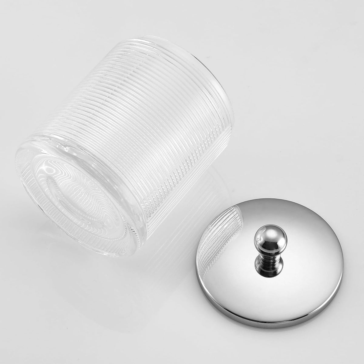 Glass Cotton Jar Holder Silver Lid, Elegant Bathroom Storage Canister for Qtips, Cotton Balls, Floss, Makeup Organizer, Vanity Bathroom Organization