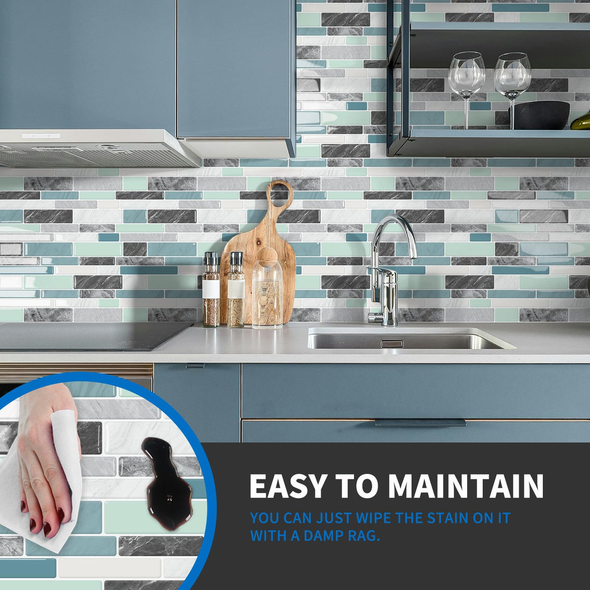 MOONFUN 10 Sheet Peel and Stick Backsplash Tiles, 12 X 12 Inch Blue Green Self Adhesive Tile Sticker for Backsplash Kitchen,Bathroom