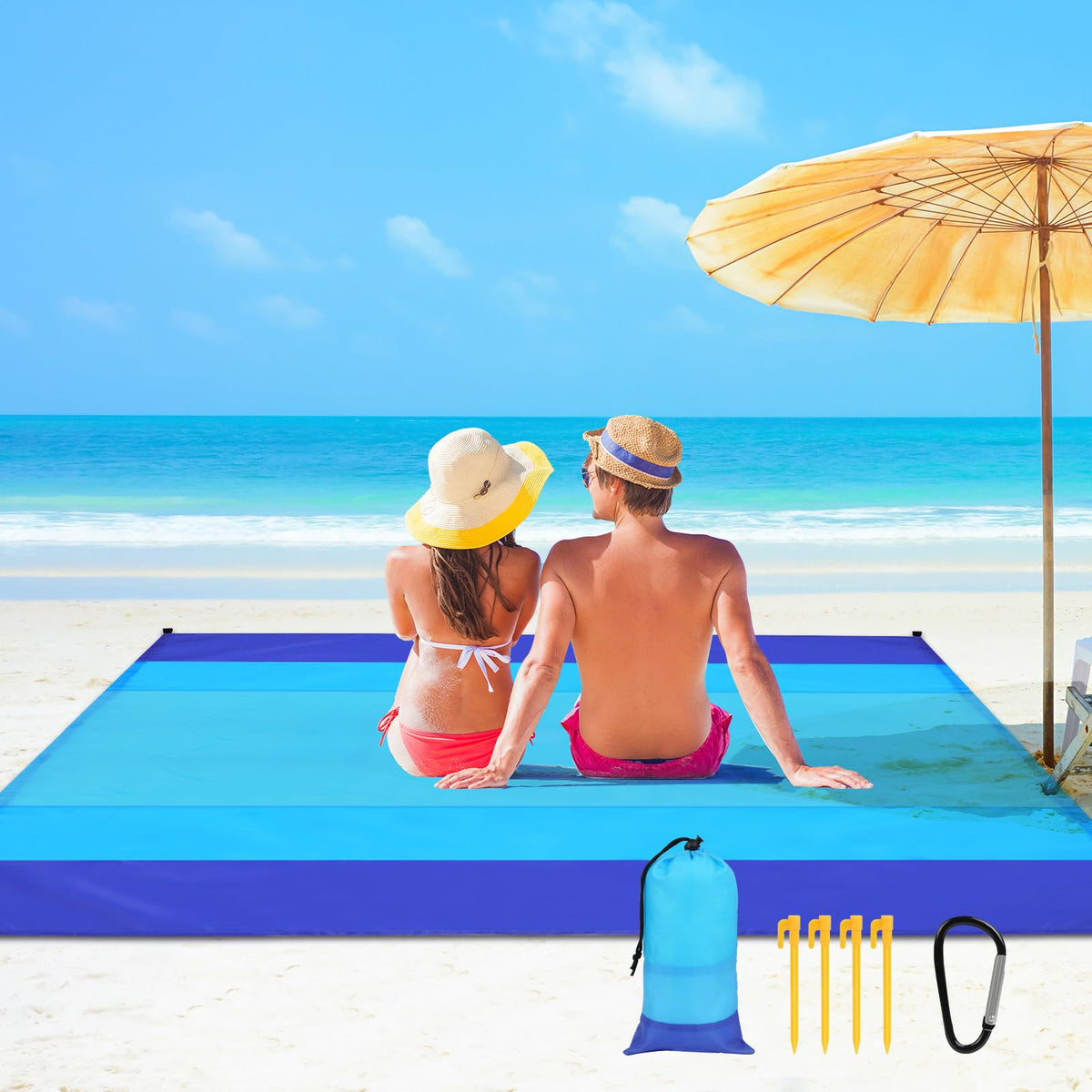 Picnic Blanket, Mini Pocket Beach Mat 78.8 x 82.7IN (5-7 People) Foldable, Lightweight Waterproof Sand Free, Foldable Thin Ground Sheet for Outdoor Camping Hiking Travel - with Hand Strap
