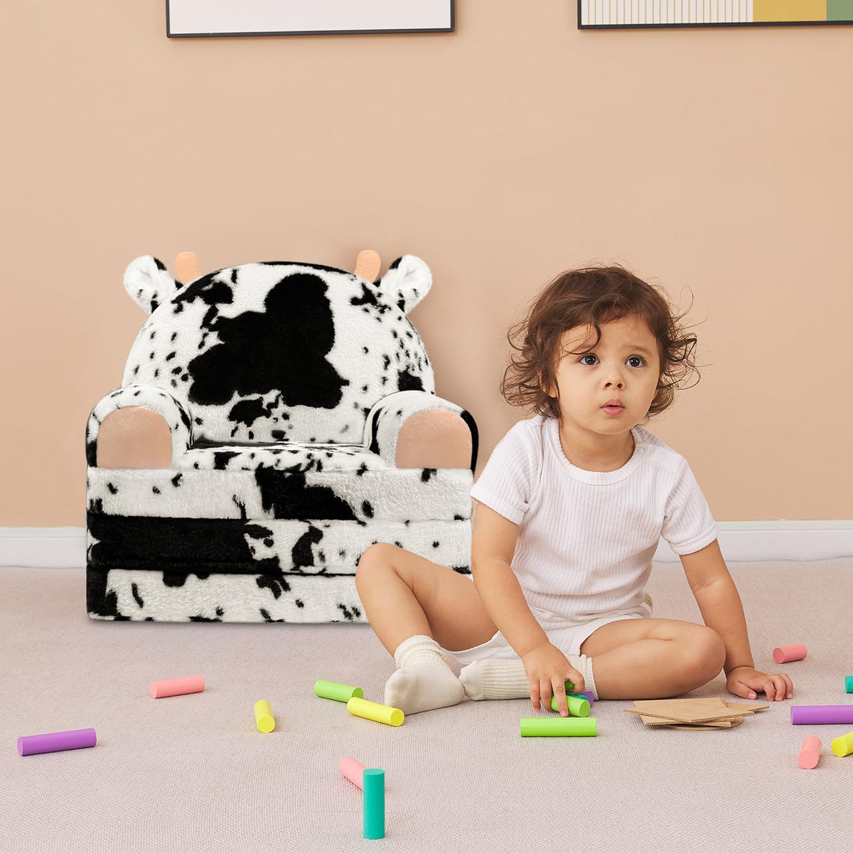 QIUODO Toddler Chair Plush with Removable Cover, 2-in-1 Toddler Couch Fold Out, Cow Shell, Comfy Couch for Kids Over 18 Months, Kids Furniture for Bedroom, Playroom(Cow)