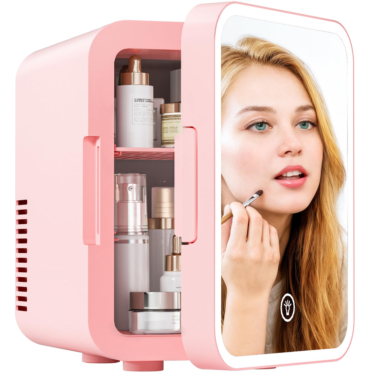 EUHOMY Mini Fridge, 5 Liter AC/DC Small Refrigerator with Dimmable LED Mirror, Portable Cooler and Warmer for Skin Care, Cosmetics, 5L Makeup Mini Skincare Fridge for Bedroom, Car, Office, Pink