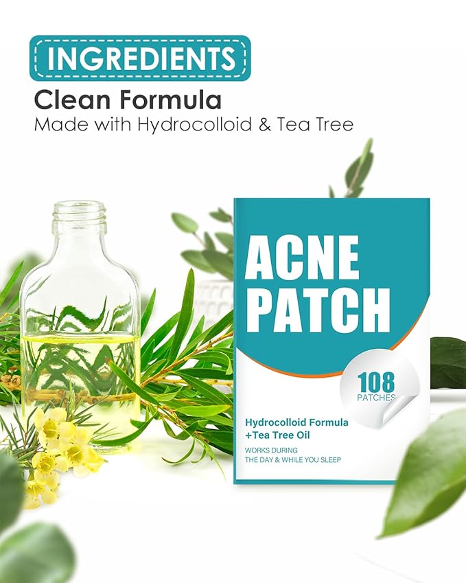 Acne Patches for Face - Hydrocolloid Pimple Patches with Tea Tree Oil for Spot Treatment, Zit Patch, Blemish Cover, Two Sizes, Vegan, Cruelty Free (108 Count (Pack of 1))