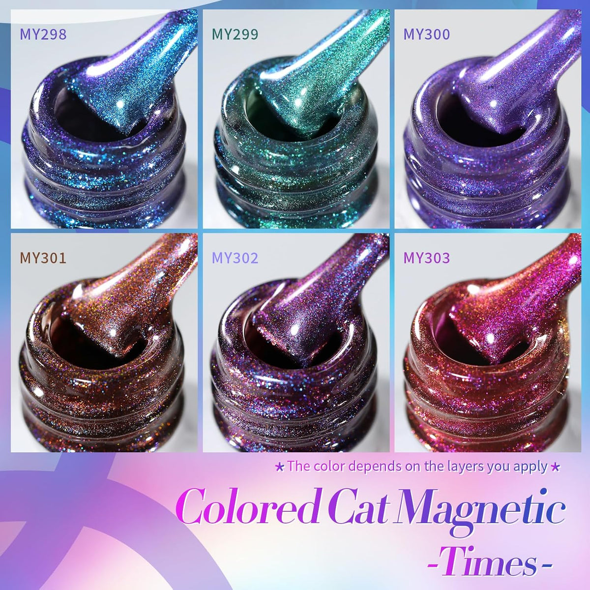 Born Pretty Magnetic Gel Nail Polish Set,Purple Blue Cat Magnetic Eye Gel Jelly Glass Crystal Magnetic Gel Polish Nail Art Manicure Kit 6PCS