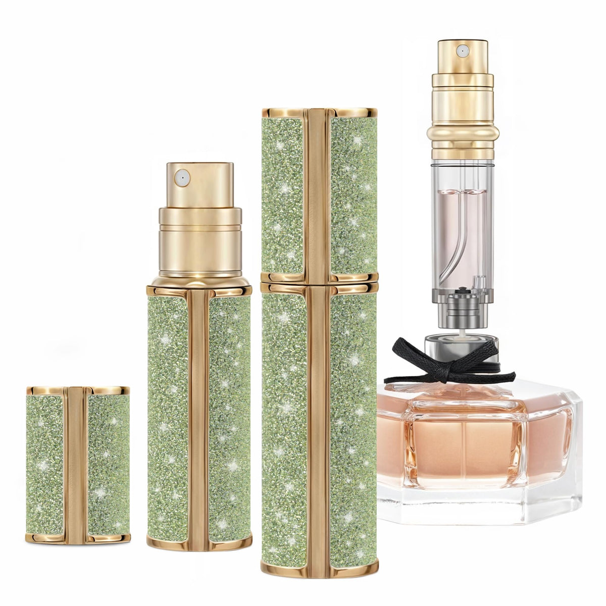 muilsae AE00LG Sparkling Travel Perfume Bottle, 5ml Mini Perfume Atomizer Sprayer, Glitter Diamond Pump Fill Perfume Bottle for Traveling, Vacation & Bussiness (Sparkling Green)