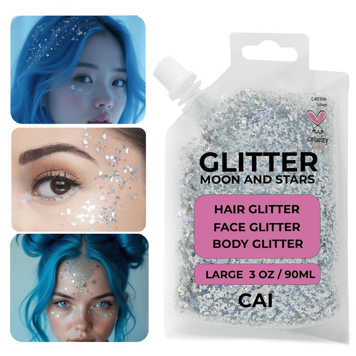 Hair Glitter Gel; Body Glitter & Face Glitter for Women/Kids (Large 3 Oz Silver) Moon & Stars; Iridescent Holograph Cosmetic Grade- Apply Without Glue, Easy to Take Off Keeps Skin Clean
