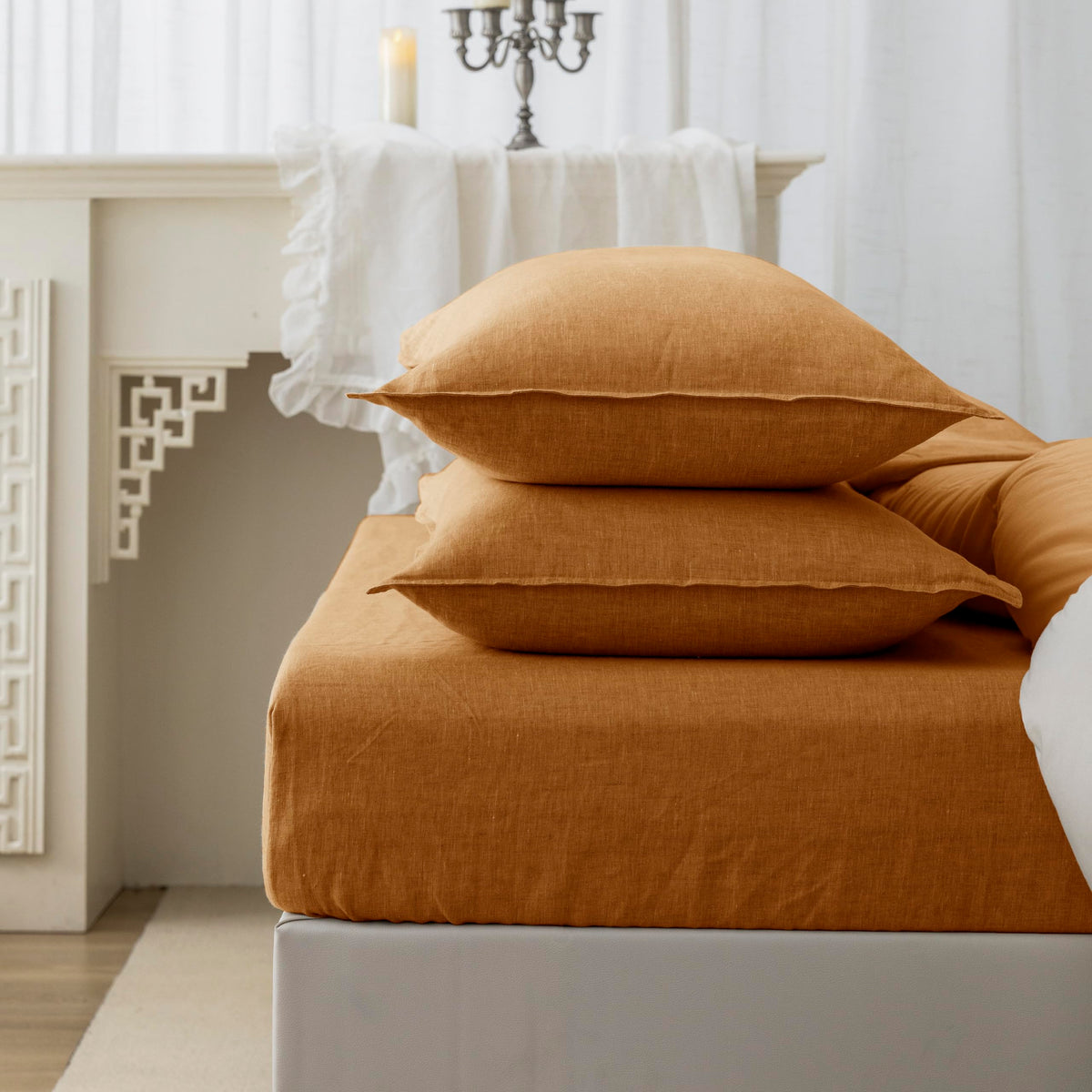 EVERLY 100% Linen Pillowcases Set of 2, Envelope Overlap Closure French Natural Washed Flax Pillowcases 20x26inches-Caramel