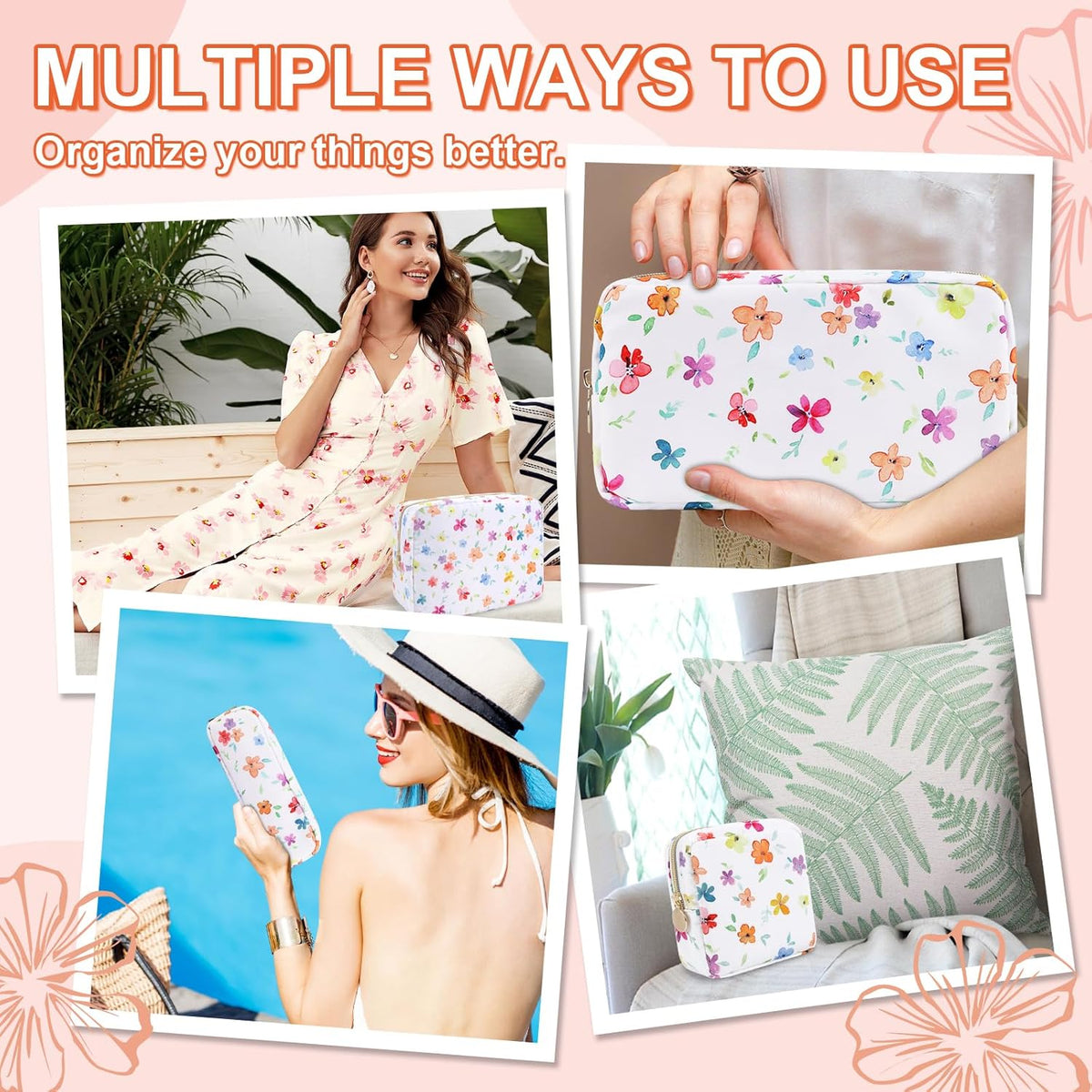 Waterproof Large Floral Makeup Pouch,Nylon Travel Toiletry Storage Purse Preppy Cosmetic Bag for Women Girl,Large Capacity Makeup Organizer Zipper Pouch for Work(L Colorful-Flowers)