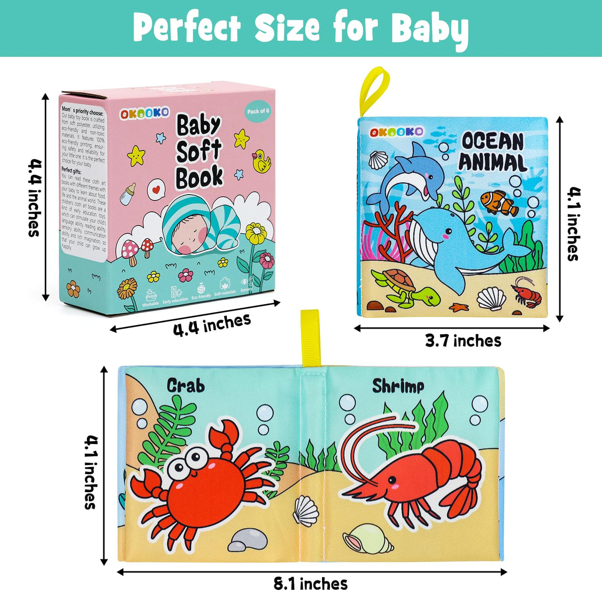 OKOOKO Soft Baby Books 6PCS Soft Cloth Books Bath Books Crinkle Washable Non-Toxic Early Education Preschool Learning Toy for Newborns Babies Infants Toddlers Kids