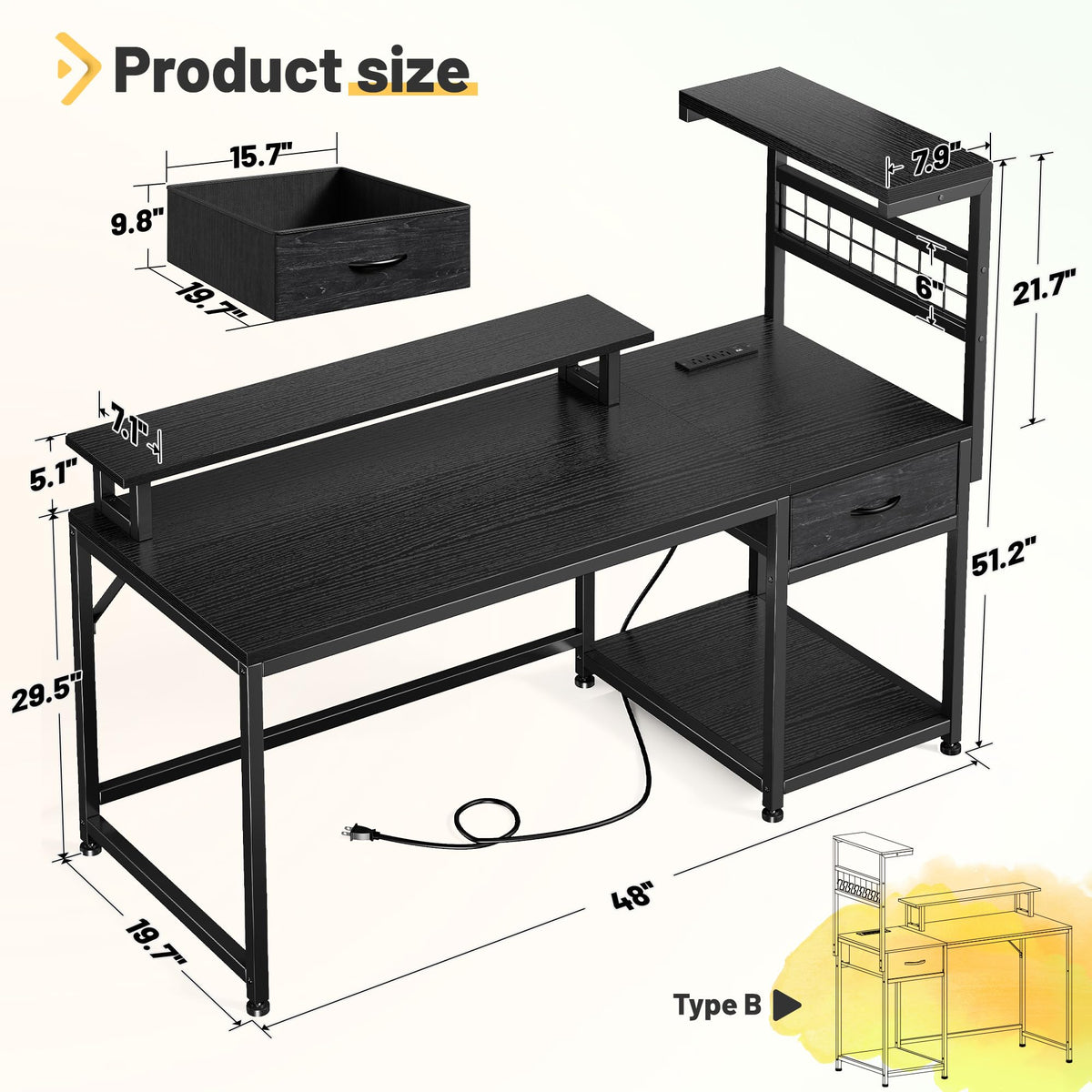 EnHomee 48" Reversible Computer Desk with Power Outlets & LED Lights,Home Office Desk with Drawers & Storage Shelves, Gaming Desk with Monitor Stand for Living Room, Gaming Room,Black