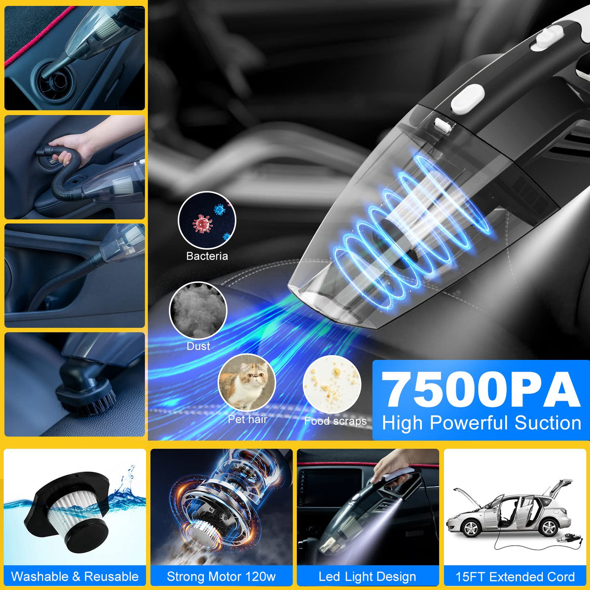 AUTODECO 39Pcs Car Cleaning Wash Kit Interior Detailing Cleaner Kit with High Power Handheld Vacuum, Brush Set, Windshield Tool, Duster, Towels, Tire Brush, Complete Car Care Tools, Blue