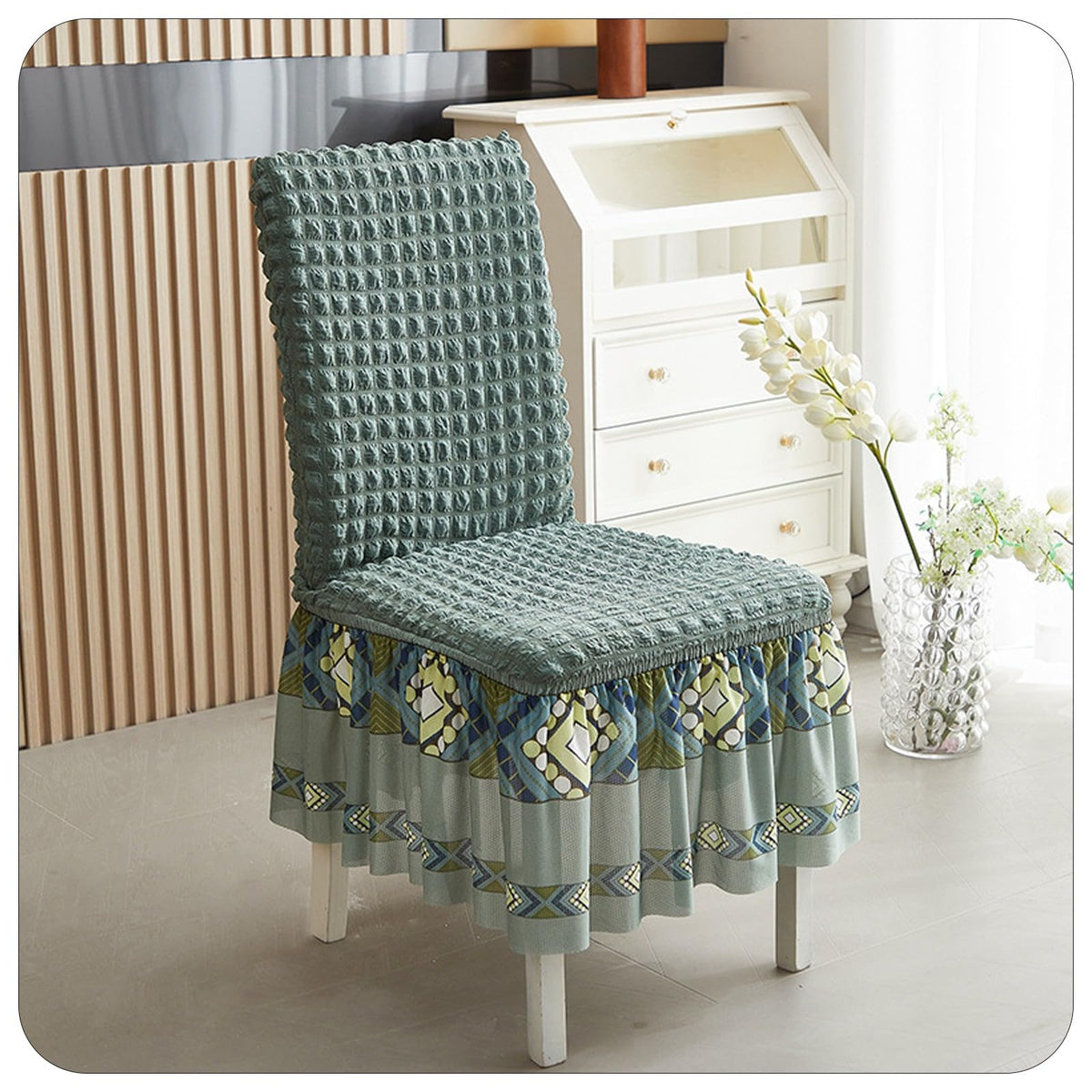 Ouxeer Dining Chair Covers Stretch Seersucker Chair Slipcover with Skirt Washable Chair Covers for Dining Room Restaurant Banquet(Cyan)