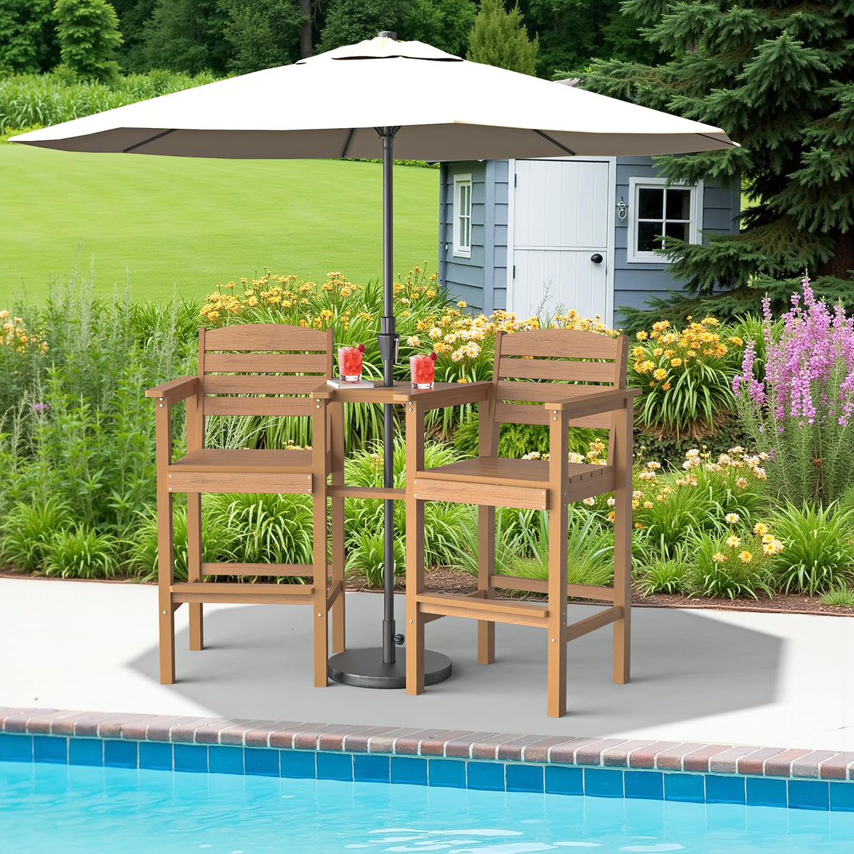 LuxaDomus Tall Adirondack Chairs Set of 2, Outdoor HDPS Adirondack Chair with Removable Tray, Balcony Chairs with Umbrella Hole, Weather Resistance Tall Patio Chairs for Deck Patio Pool Lawn, Teak