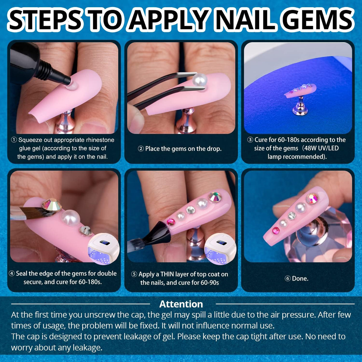 Nail Art Rhinestone Glue Gel&Flatback Gems Accessories Kit, 1 Tube of 15ml Rhinestone Gel Glue(UV/LED Needed)+1 Box of Flat-Back Half Round Beige AB Pearls with Pickup Pencil and Tweezer