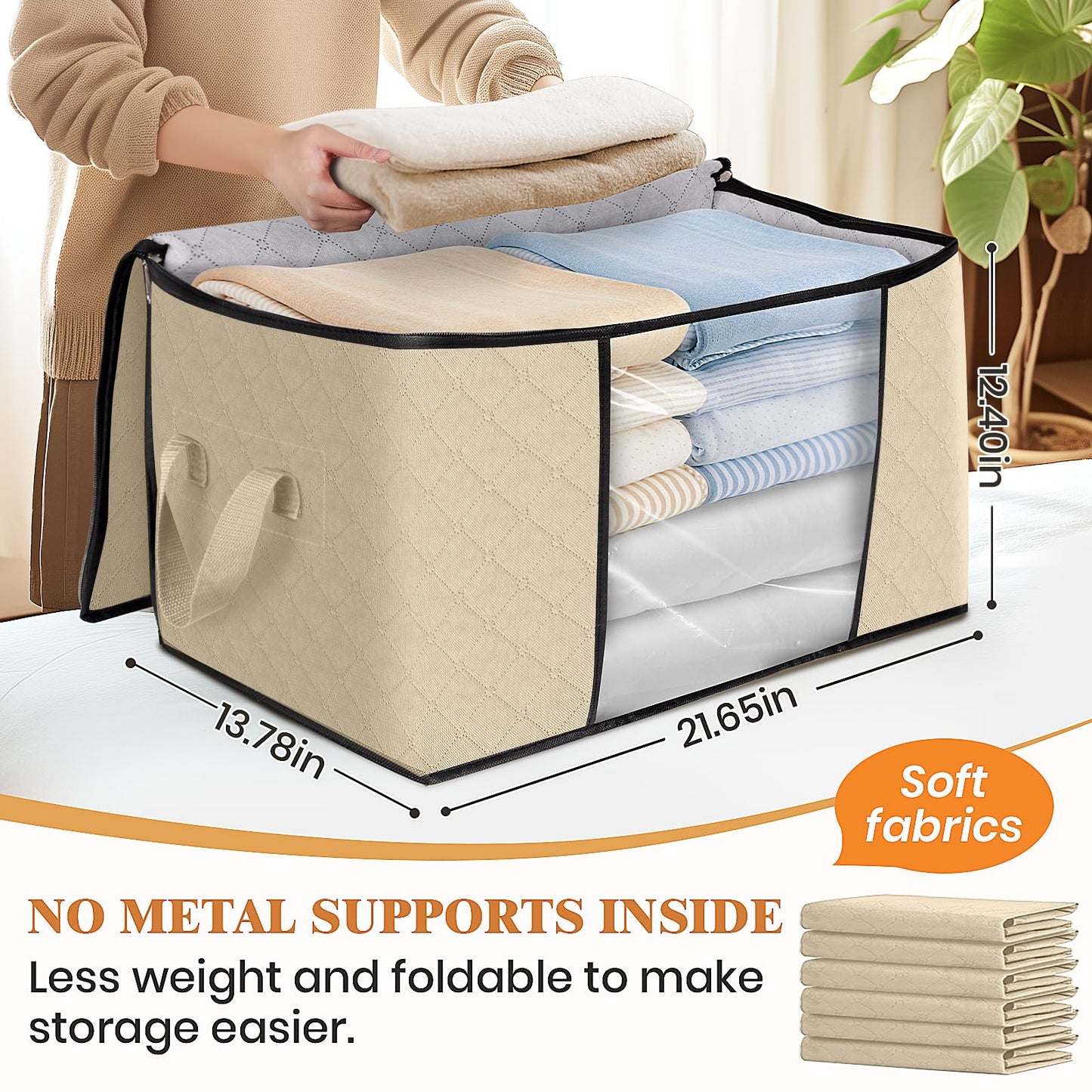 Fab totes 10 Pack Clothes Storage, Foldable Thick Fabric Blanket Storage Bags, Containers for Organizing Bedroom, Closet, Clothing, Comforter,Organization with Handle,Beige