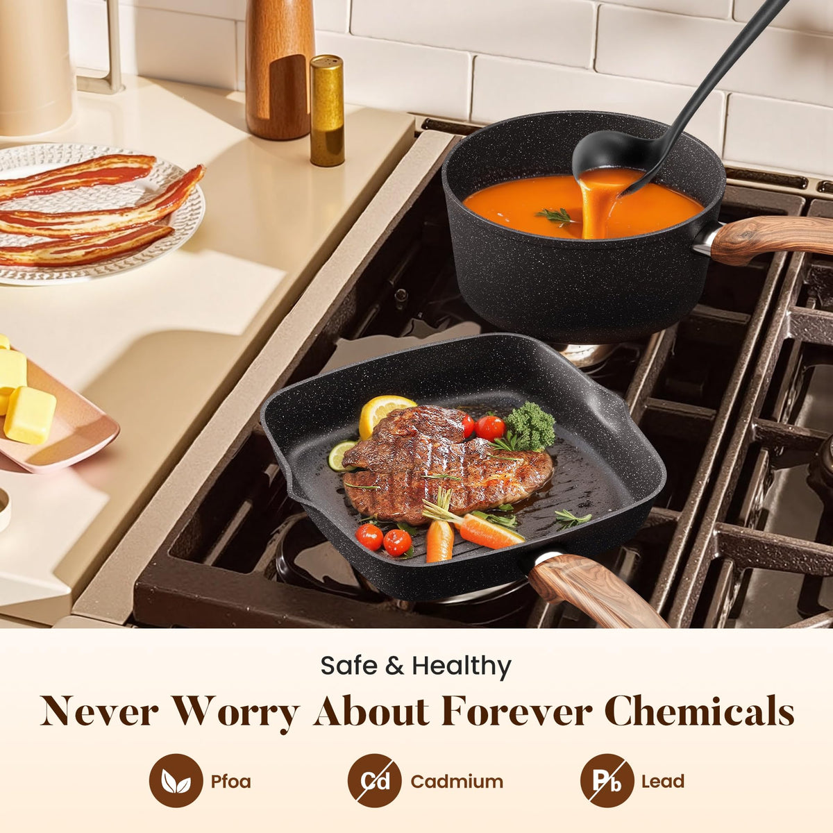 Kitchen Academy 30Pcs Pots and Pans Set Non Stick - Induction Black Cooware Set, Nonstick Granite Cookware and Bakeware Sets, PFOA&PFOS-Free, Non Toxic Healthy Kitchen Cooking Pans Set