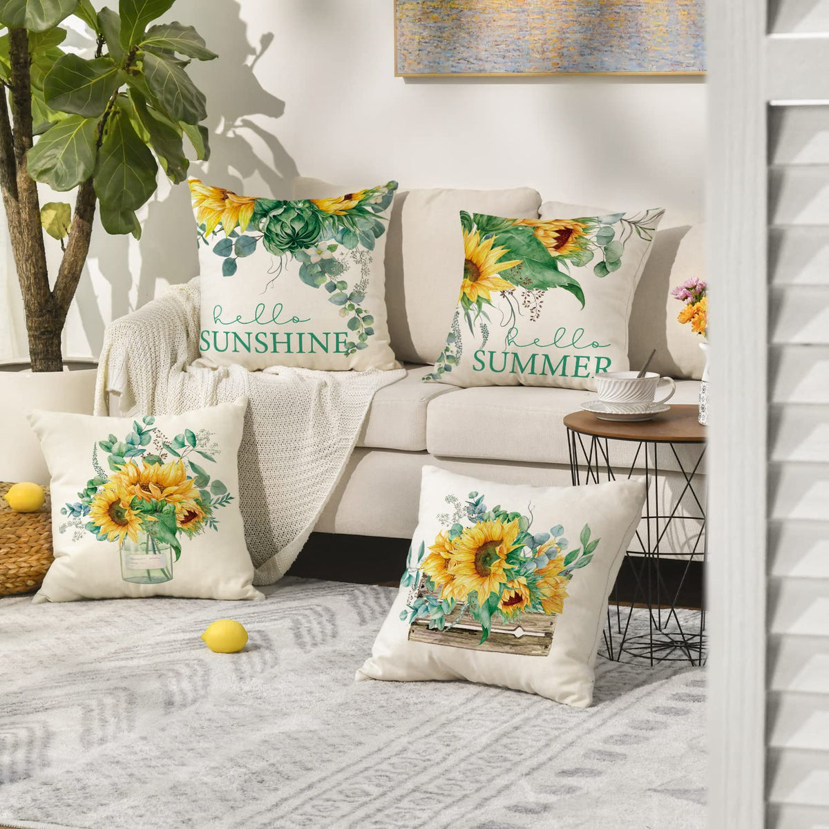 AVOIN Watercolor Sunflower Throw Pillow Cover, 18 x 18 Inch Eucalyptus Leaves Summer Holiday Party Cushion Case for Sofa Couch Set of 4