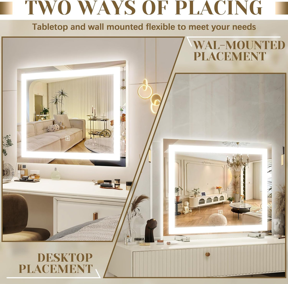 22x20 Inch Lighted Vanity Mirror, 3-Mode Touch Dimming LED Lighting, Large Makeup Mirror for Dressing Room, Tabletop or Wall-Mounted, White