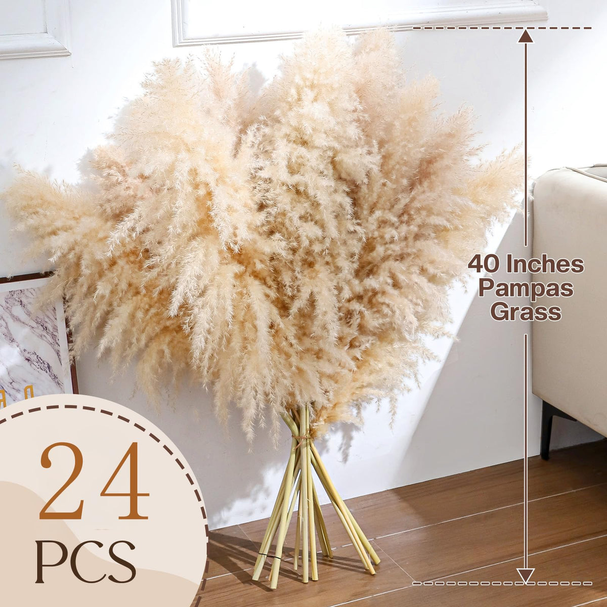 24 pcs Tall Pampas Grass Decoration - Pasuvsigt 40 Inch Large Pampas Grass Dried Flower Decoration,for Bohemian Style Living Room Decoration, Wedding Decoration, Party, Farmhouse Decoration