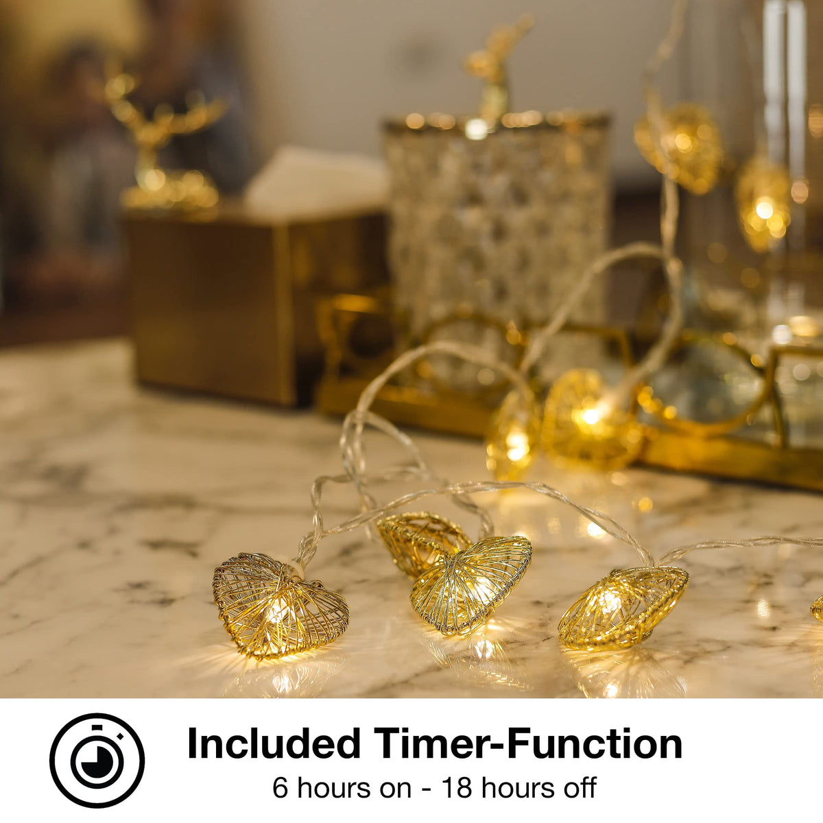 CozyHome – 5,5YD Golden Heart Lights Battery Operated with Remote | Fairy Valentines Garland Lights LED | String Lights Indoor Bedroom Window Mirror and Outdoor | The Valentine's Day Lighted up Decor