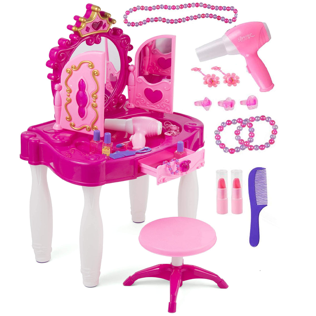 Prextex Kids Makeup Table with Mirror and Chair, Princess Play Set, Kids Makeup Vanity Table with Make-Up Accessories and Light and Musical Sound Effects for Toddler Girls