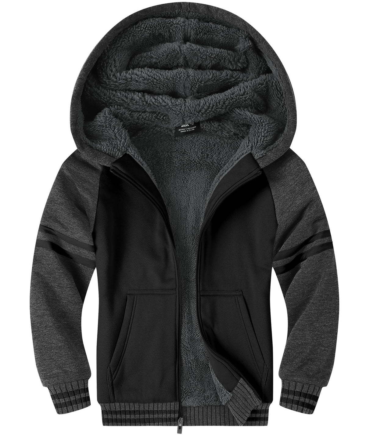 LLdress Boys Hoodie Kids Fleece Sherpa Lined Jacket Youth Zip Up Heavyweight Hooded Sweatshirt Teen Winter Warm Coat Grey Black Size 6-7