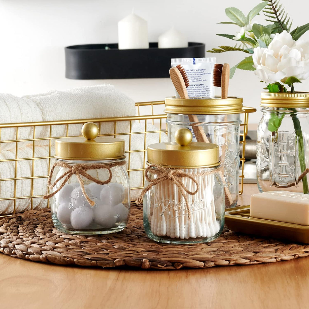 SheeChung 2 Pack Qtip Holder for Bathroom, Cotton Swab Holders, Cute Mason Jars Decor, Bathroom Decor and Accessories for Cotton Round Pads, Balls, Floss Pick - Brushed Gold