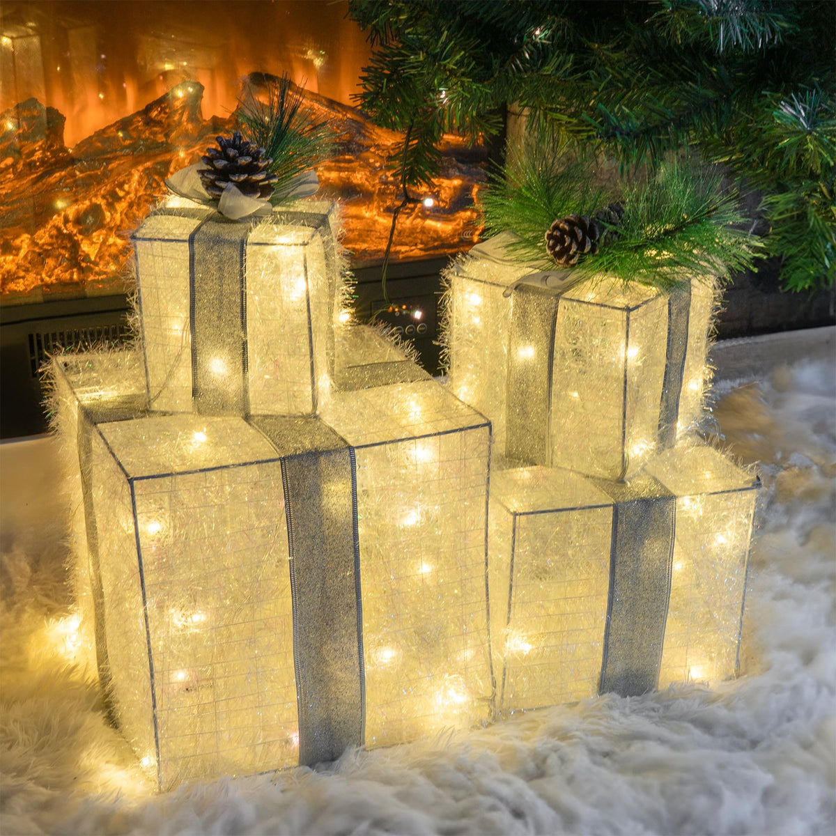 Hourleey Set of 4 Christmas Lighted Gift Boxes, 3FT Pre-lit 70 LED Stackable Light Up Present Boxes Ornament, Xmas Tinsel Boxes Decorations for Indoor Outdoor Home Yard Lawn Décor