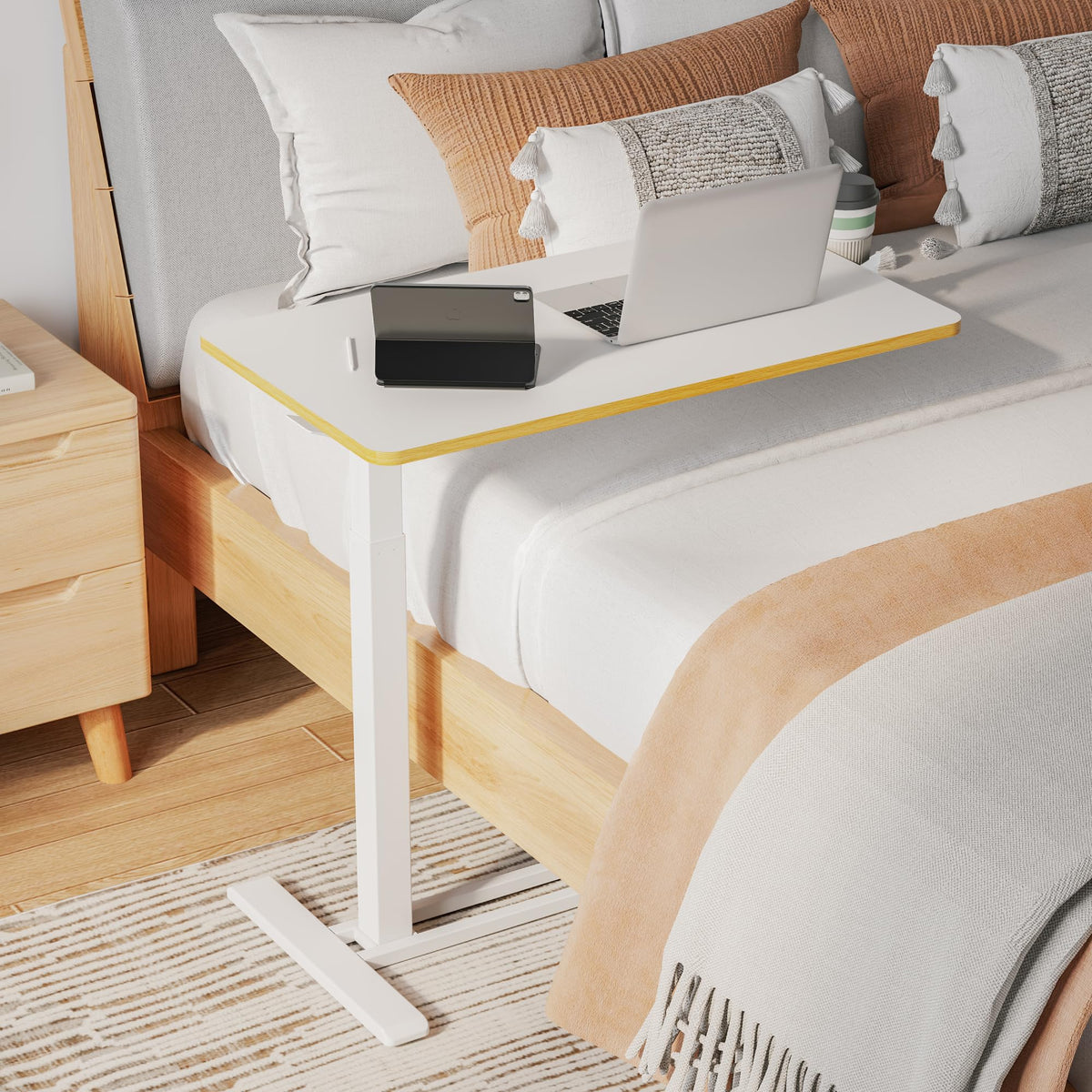 SANODESK Medical Adjustable Overbed Bedside Table with Hidden Casters, Pneumatic Mobile Laptop Computer Standing Desk Cart with Tray, Hospital and Home Use(27.6" W x 15.7" D, White)
