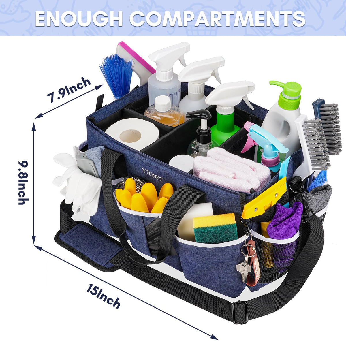 Ytonet Wearable Cleaning Caddy Bag, Large Cleaning Supplies Organizer with 4 Foldable Dividers, Kitchen Caddy Organizer with Handle & Adjustable Shoulder Straps for Cleaners & Housekeeper, Blue